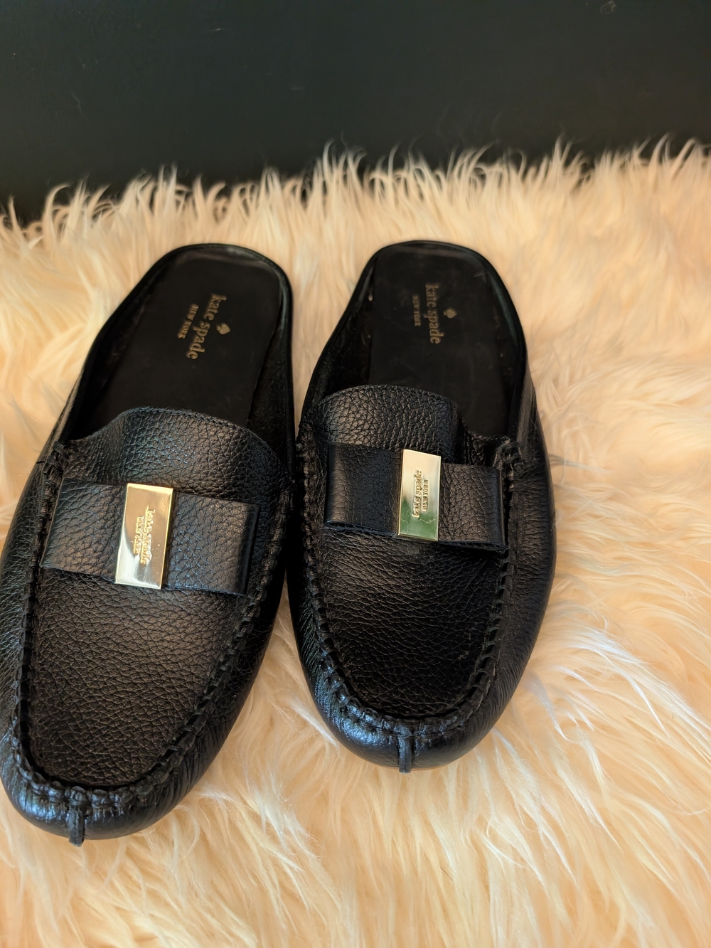 kate spade Black Pebbled Leather Slip-On Loafers with Gold Plaque